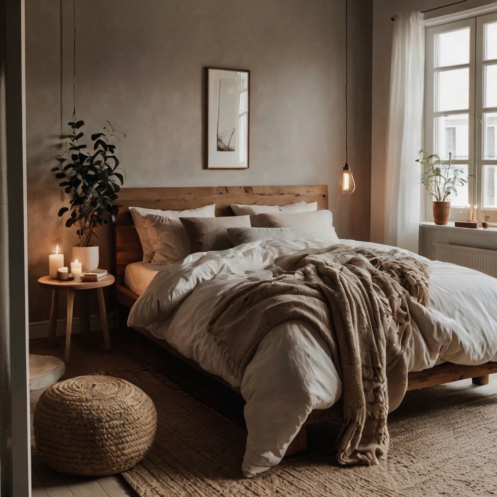 Neutral colors and uncluttered furniture create a minimalist, cozy bedroom. Soft lighting enhances the peaceful atmosphere, perfect for relaxation.