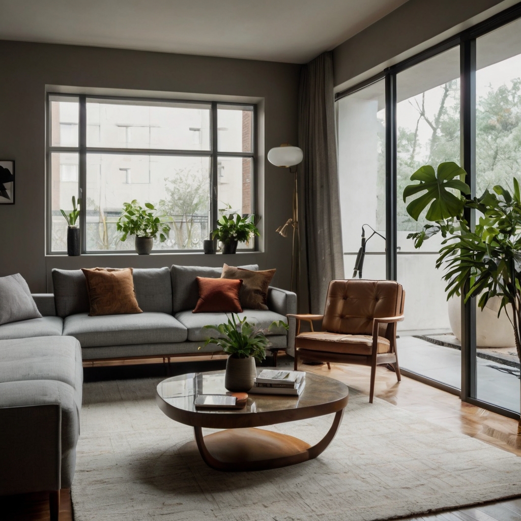 Minimalist mid-century modern apartment with sleek furniture and high-quality statement pieces.