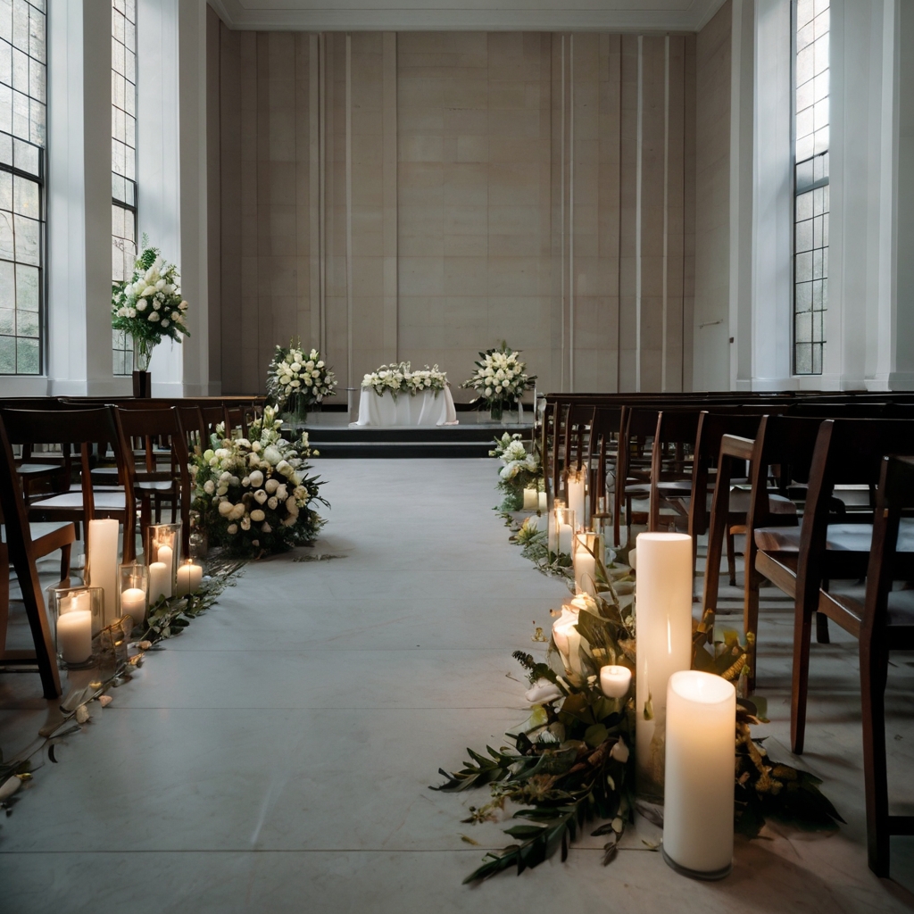 Simple, elegant decor and soft, even lighting create a dignified memorial service. The neutral tones enhance a peaceful, reflective mood.