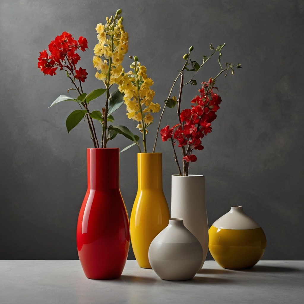 Neutral vase with pops of red and yellow, subtle lighting highlighting modern, minimalist accents for a chic look.