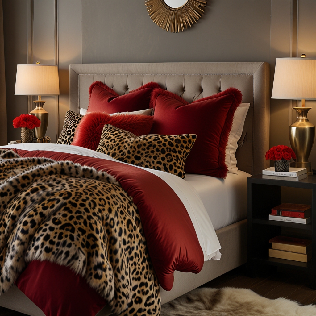 Soft red velvet paired with cheetah print pillows creates a cozy vibe. Focused lighting highlights the rich textures for depth.