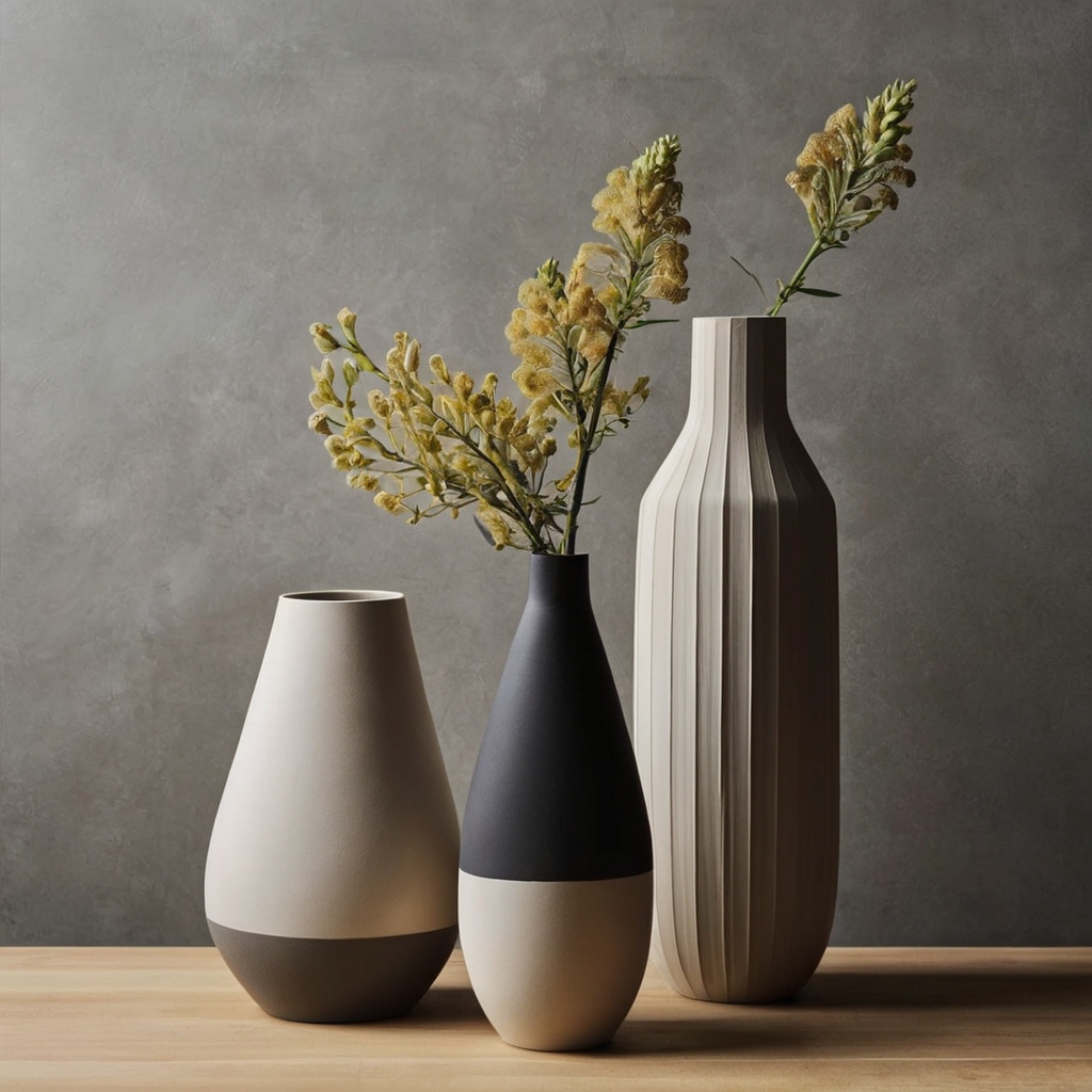 Minimalist vases with neutral tones and clean lines radiate modern charm. Angled lighting adds depth to the uncluttered aesthetic.