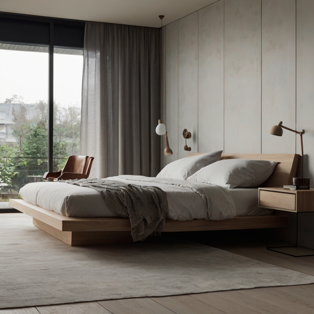 Minimalist bedroom with sleek furniture, neutral colors, and large windows. Clean lines and simplicity dominate the serene space.