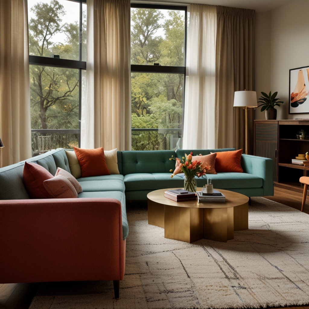 Mid-century modern living room with a modular sofa, natural light, and minimal decorative items.