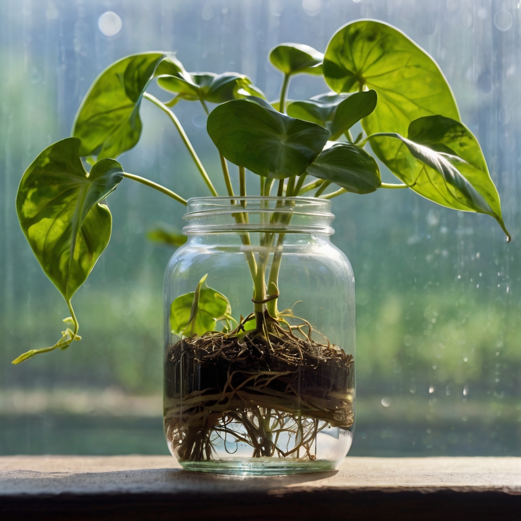 Close-up of a pothos cutting with white roots growing in clear water, bathed in soft natural light, with hints of new vine growth.