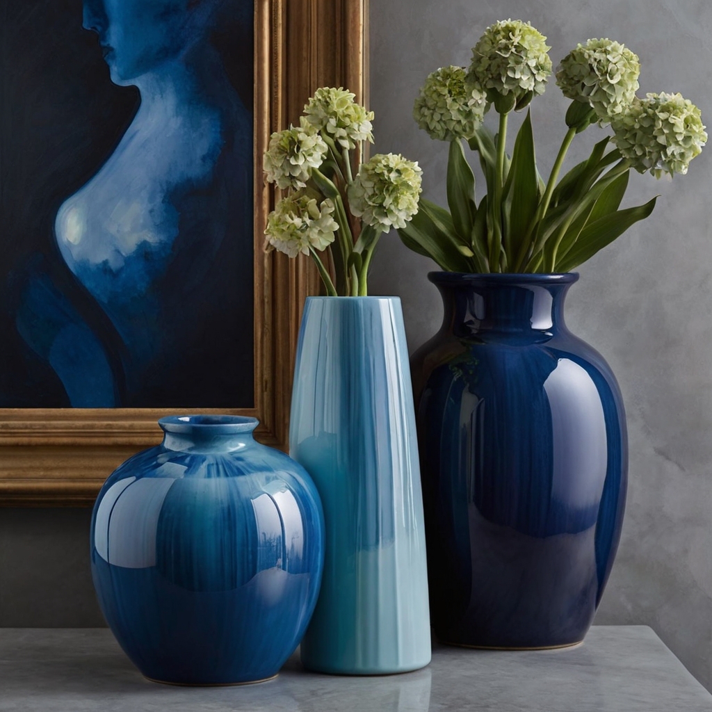 Monochrome vase in varying blue shades, side lighting creating depth and subtle shadows for a polished, artistic look.