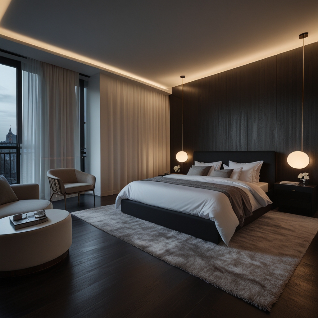 A sleek monochrome bedroom promotes simplicity and serenity. Soft lighting enhances the cohesive look.