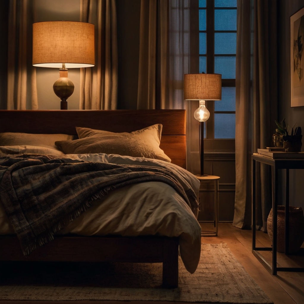 Create a moody atmosphere with string lights, warm-toned bulbs, and vintage lamps. Perfect for adding charm and coziness to your bedroom.