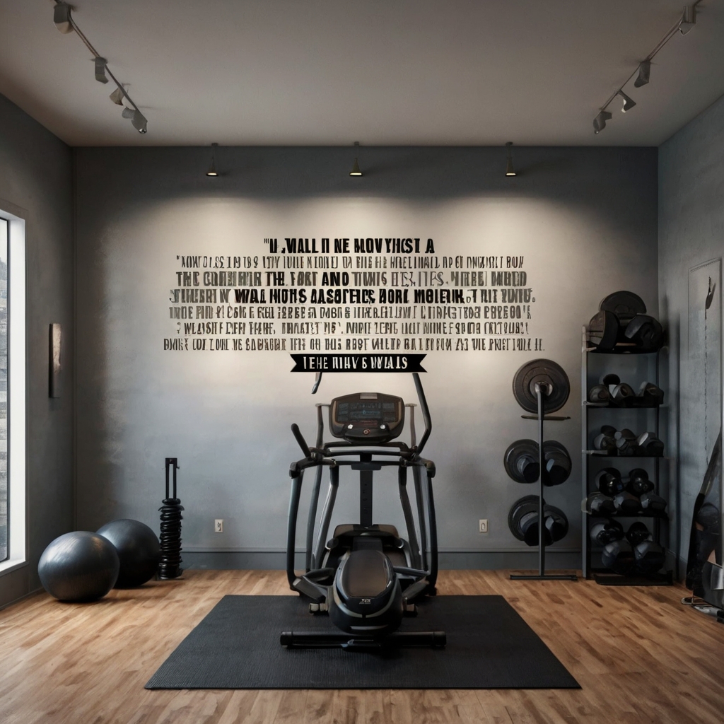 A gym wall filled with bold motivational quotes and inspiring images. Overhead spotlights highlight the powerful message.