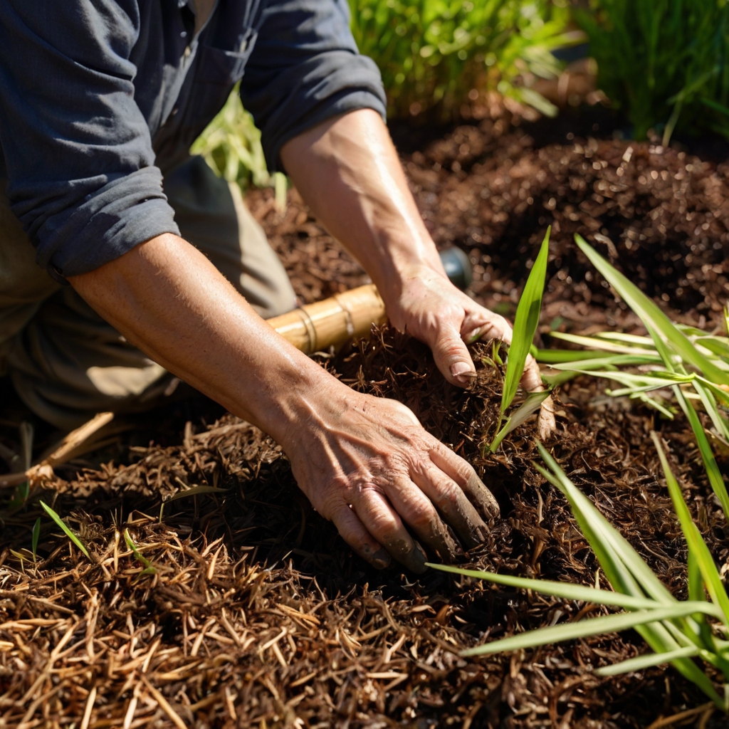 Hands spreading bark mulch around bamboo in a tidy garden under late afternoon light. The mulch prevents moisture loss and weed growth.