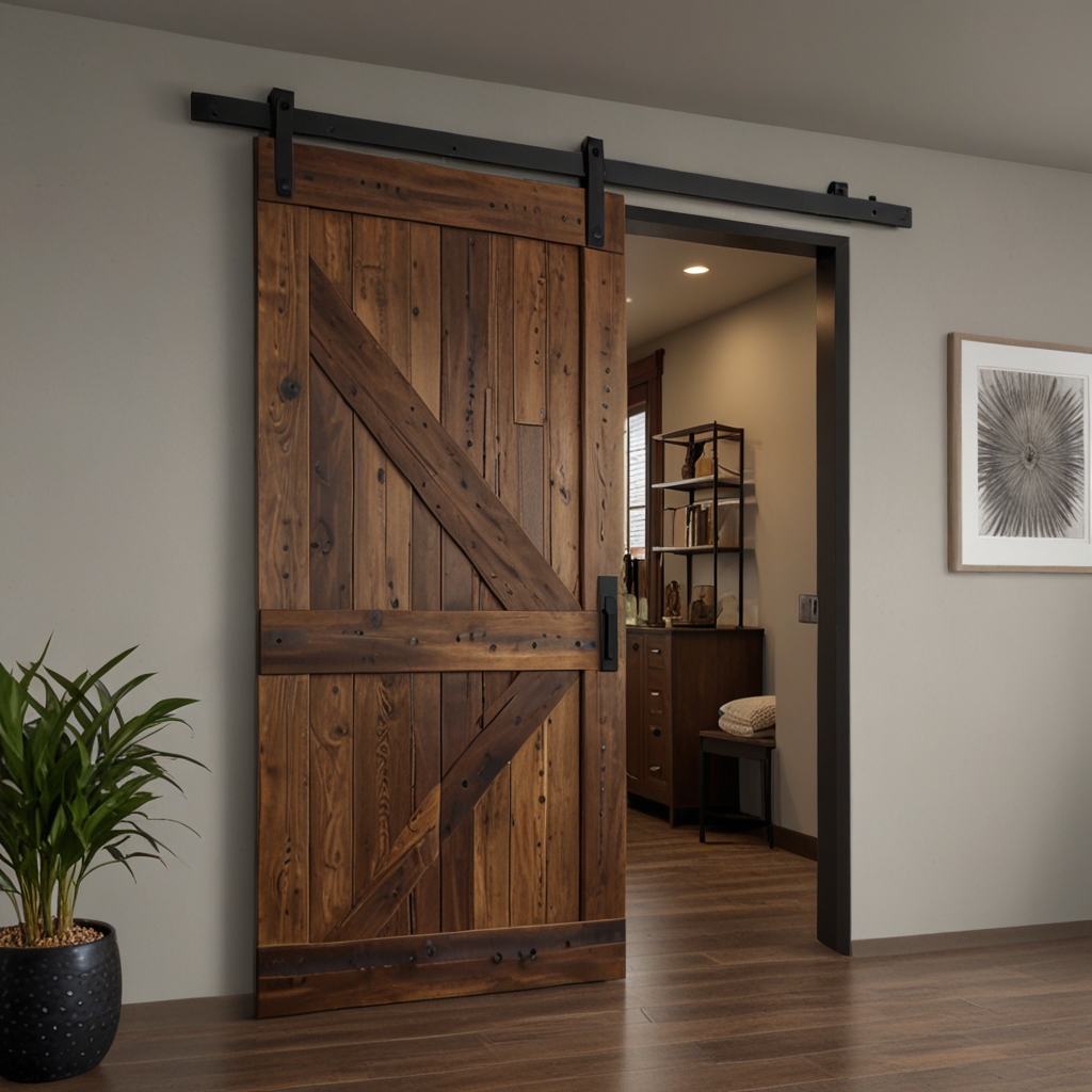 Multi-panel barn door with different wood finishes. Natural lighting highlights the segmented, modern design.