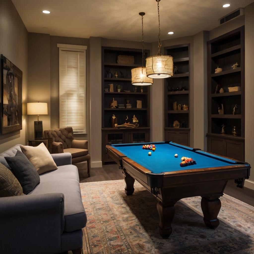 Design multi-purpose rooms with versatile furniture and warm lighting, perfect for gaming and relaxation.