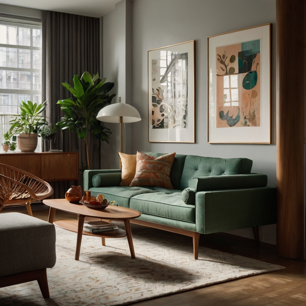 Mid-century modern apartment featuring multi-functional furniture, blending functionality with style.