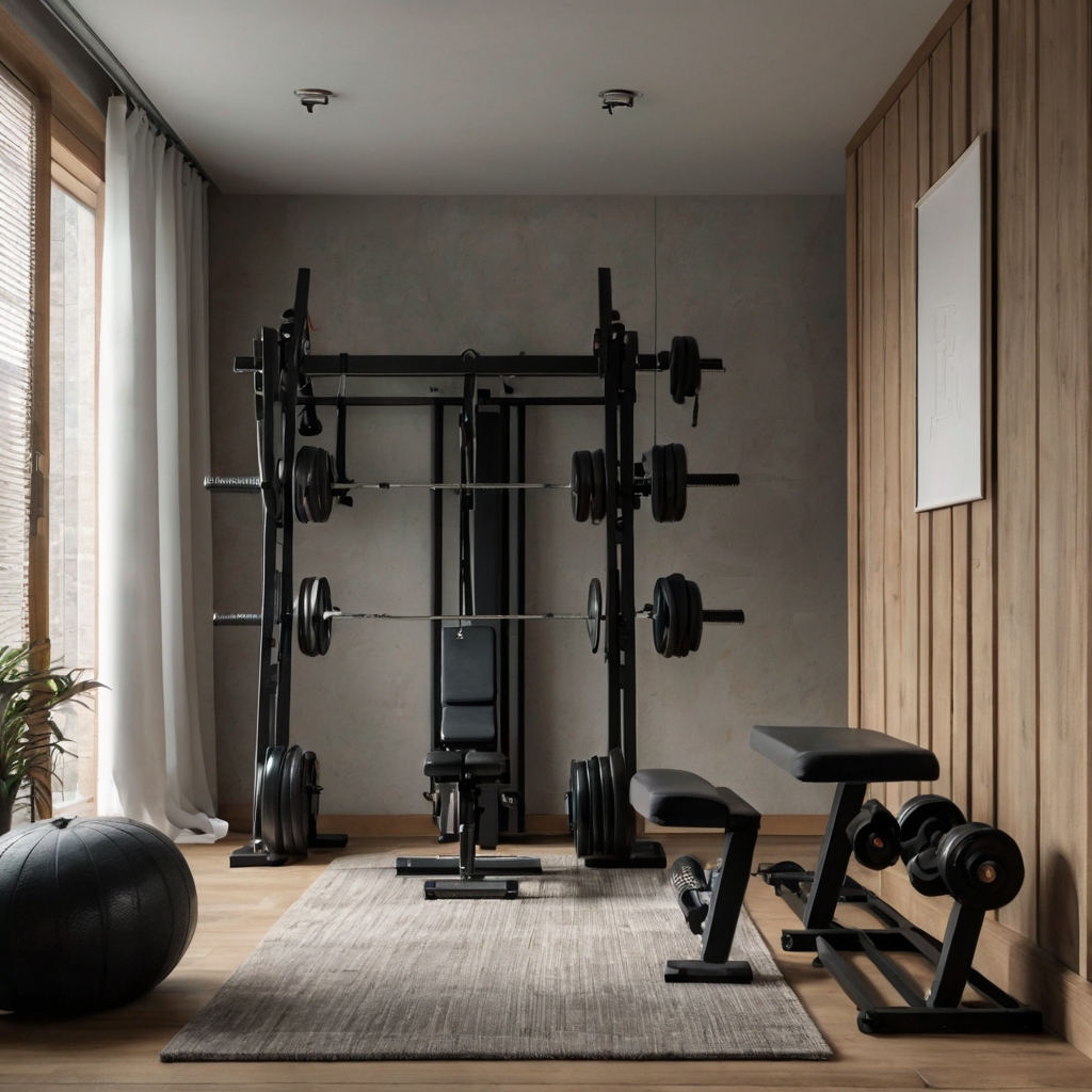 A compact gym featuring multifunctional equipment in an organized layout. Natural light brightens the efficient space.