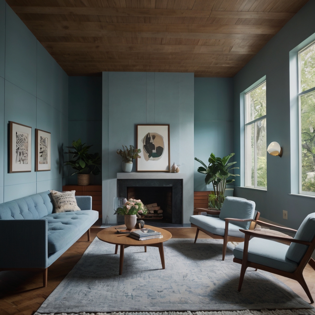 Mid-century modern room with muted accents like pastel blues or soft greys, creating a calm environment.