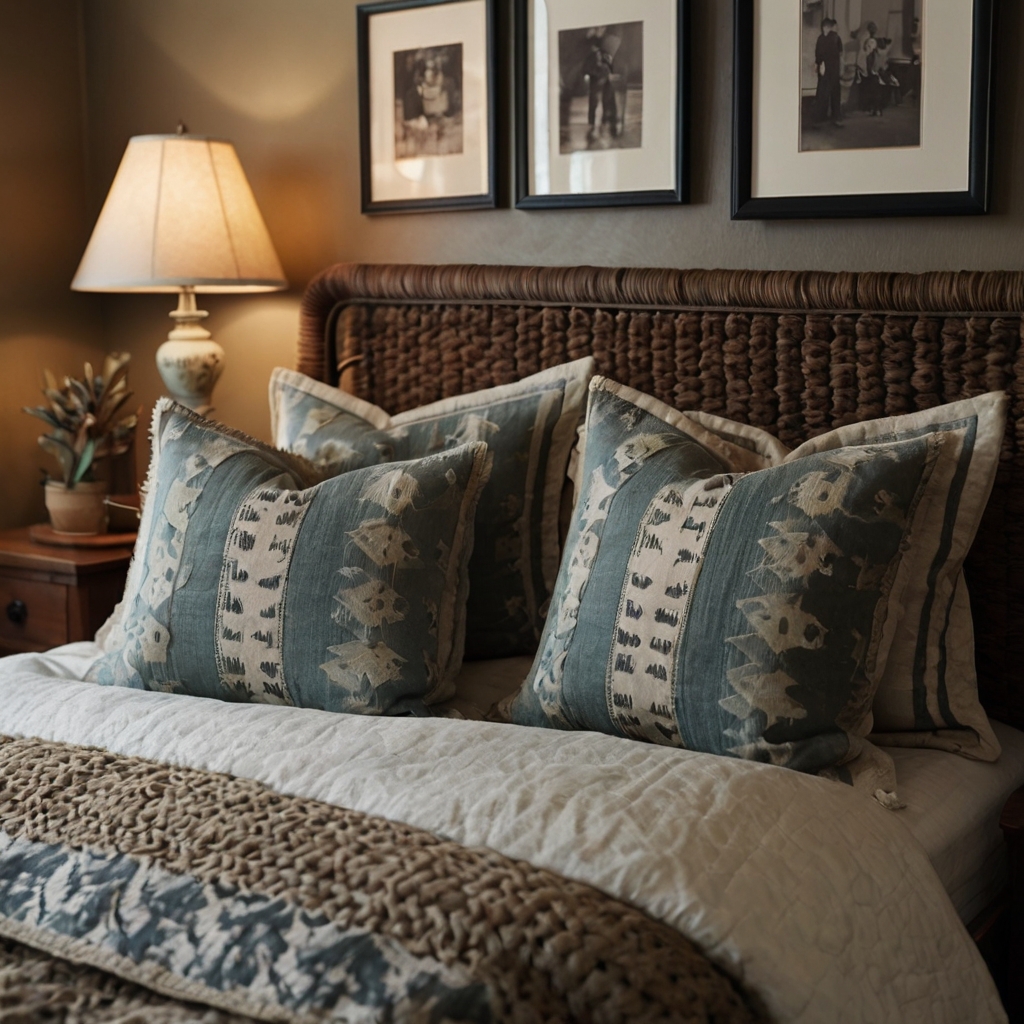 Muted throw pillows add comfort and style to a vintage bed. Soft lighting accentuates their textures, creating a cozy atmosphere.