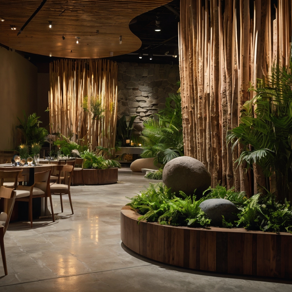 Stones, wood, and greenery are highlighted by soft light. The natural decor brings a grounded, peaceful atmosphere to the service.