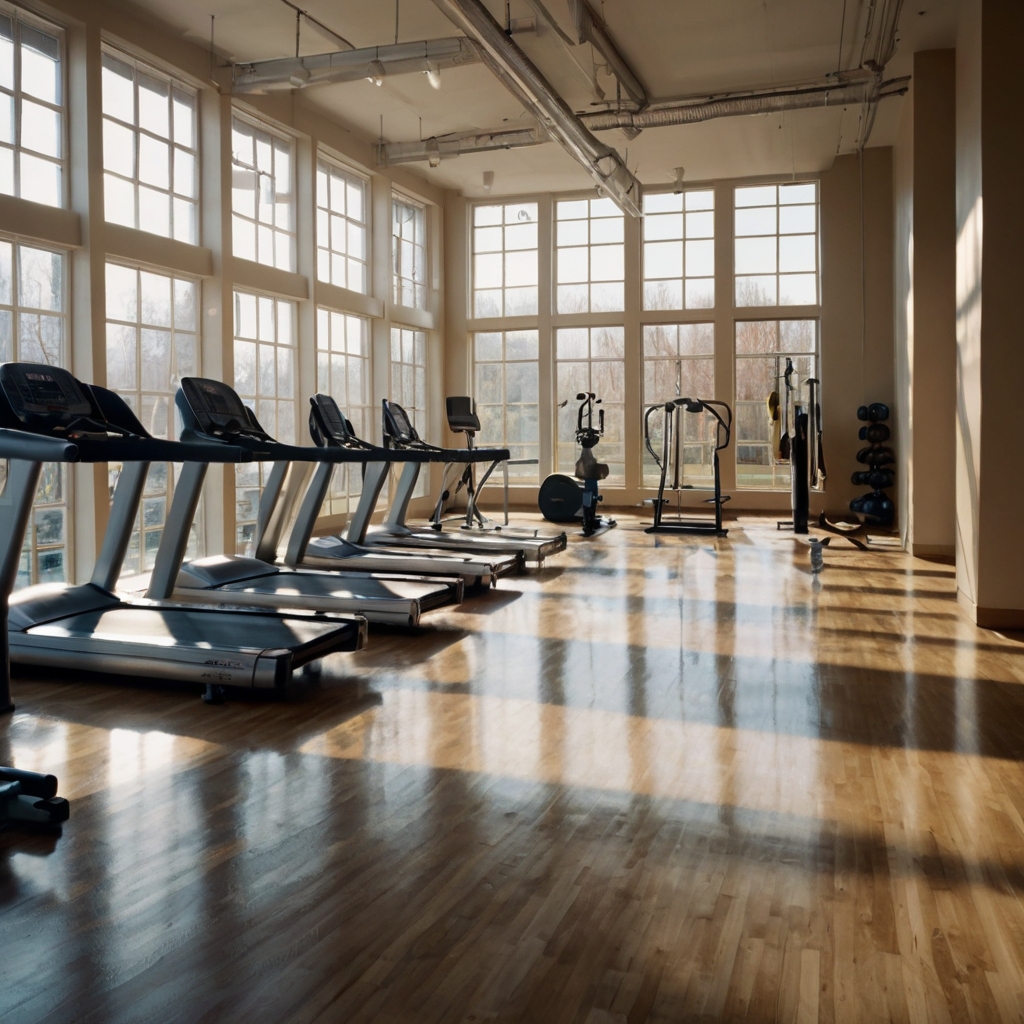 A gym with large windows and mirrors reflecting natural light. The space feels bright and open, creating an inviting atmosphere.