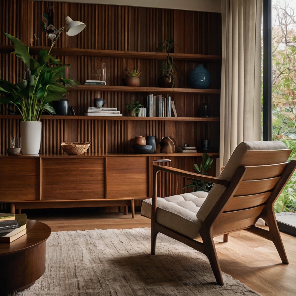 Mid-century modern living room with teak, walnut, and rosewood finishes, highlighted by warm lighting.