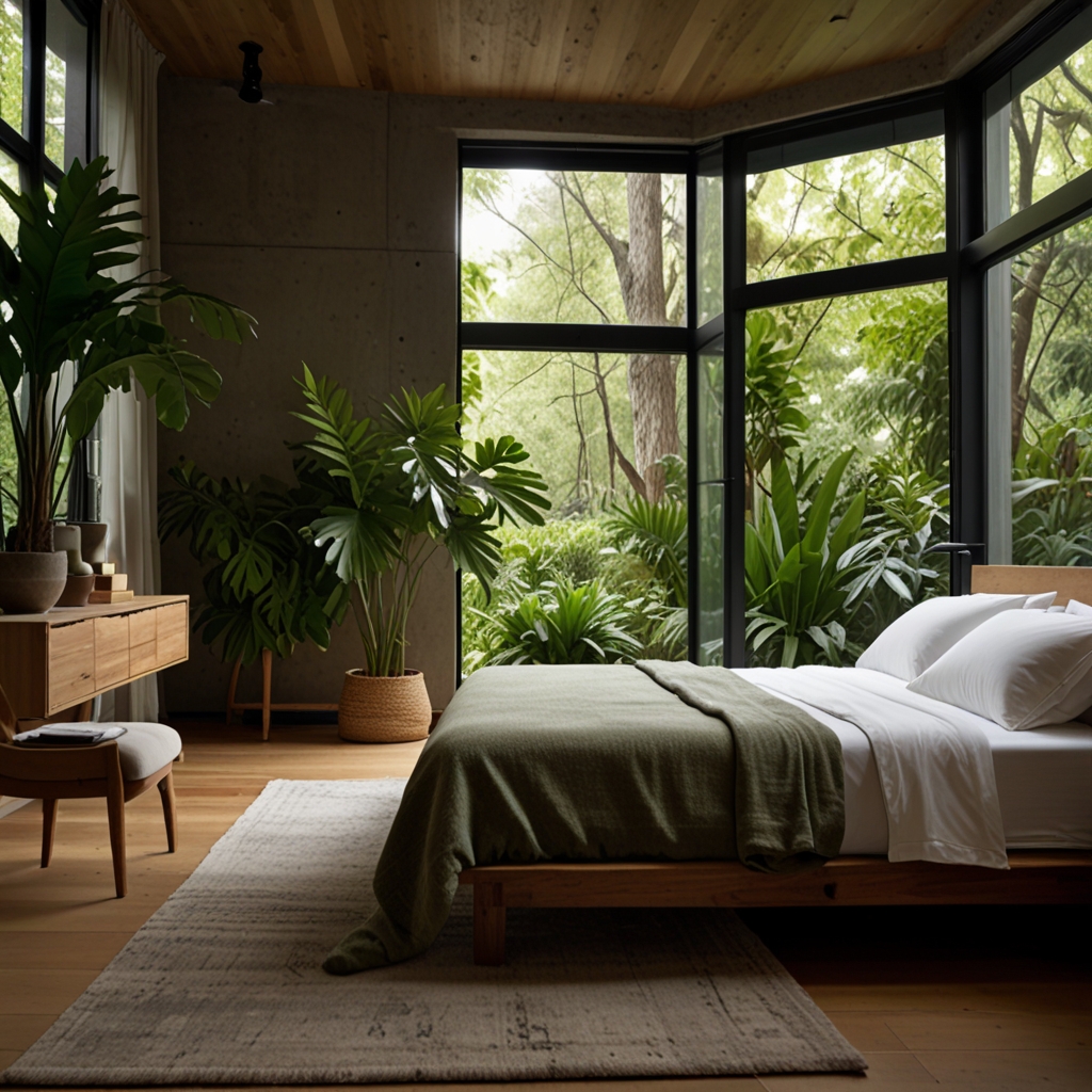 Bring tranquility to your bedroom with lush plants and natural elements. Soft natural light creates a calming effect.