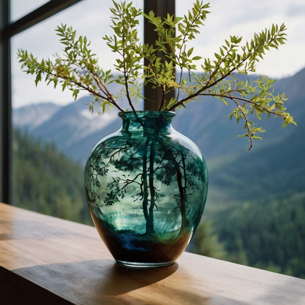 Nature-inspired watercolor vases soothe with soft mountain and tree designs. Gentle light complements their serene, calming theme.