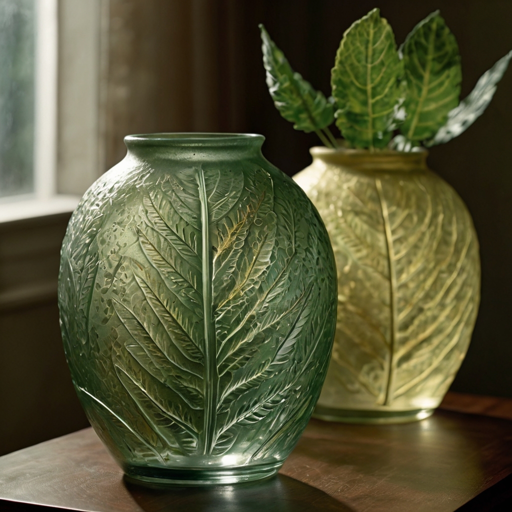 Textured leaf-imprint vase in green and gold, focused lighting enhancing natural patterns and casting delicate shadows.