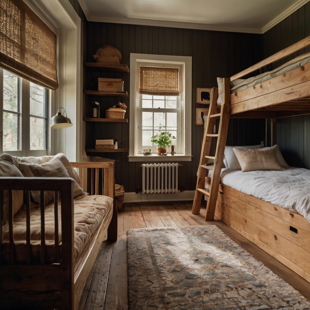 Neutral-toned bunk beds bathed in soft natural light, with simple vintage furnishings. The room feels cozy and timeless, with a spacious, classic design.