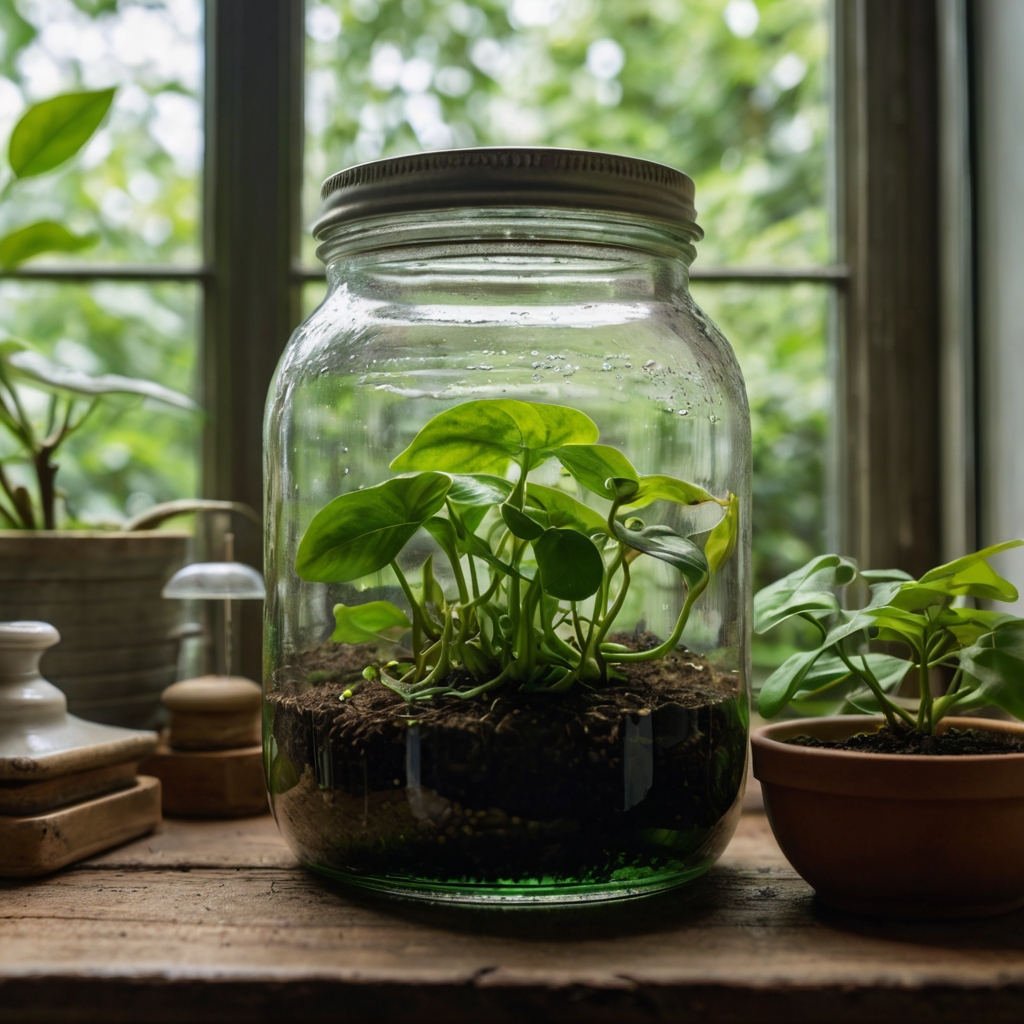 A pothos cutting in clear water with added half-concentrated fertilizer, highlighted by soft natural light, promoting healthy growth.