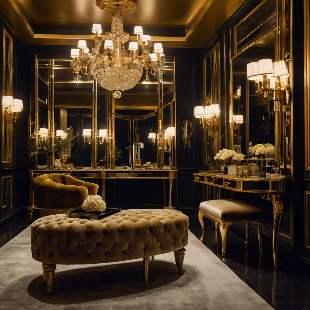 Embrace old Hollywood glamour with velvet furniture and large mirrors. Bright lighting highlights the luxurious atmosphere of the room.