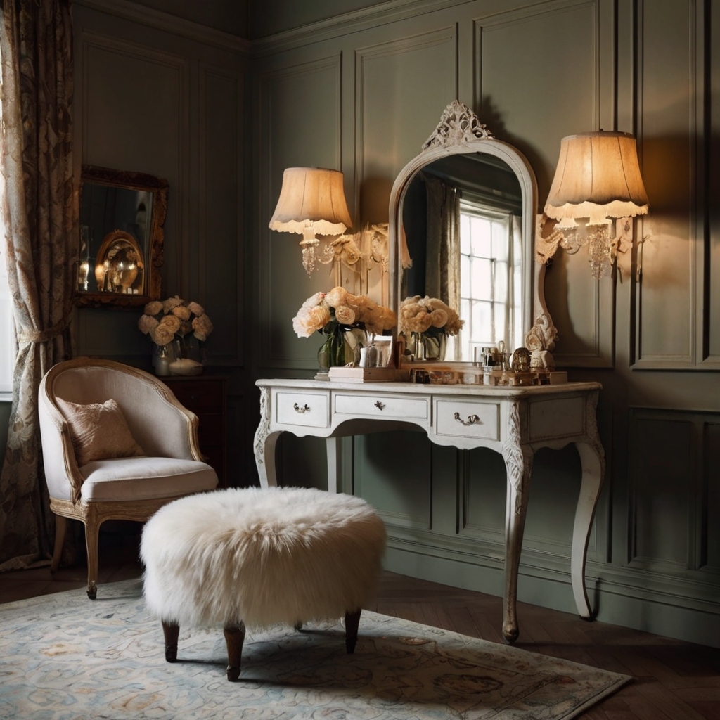 Create an old-world dressing room with a retro dresser, elegant mirror, and lace rug. Soft, inviting lighting enhances the vintage charm.