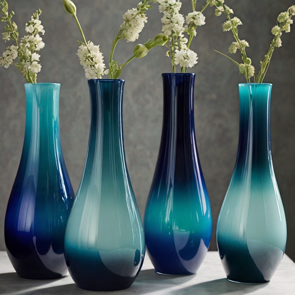 Smooth ombre gradients, from deep blue to turquoise, elevate vase art. Side lighting enhances seamless color transitions elegantly.