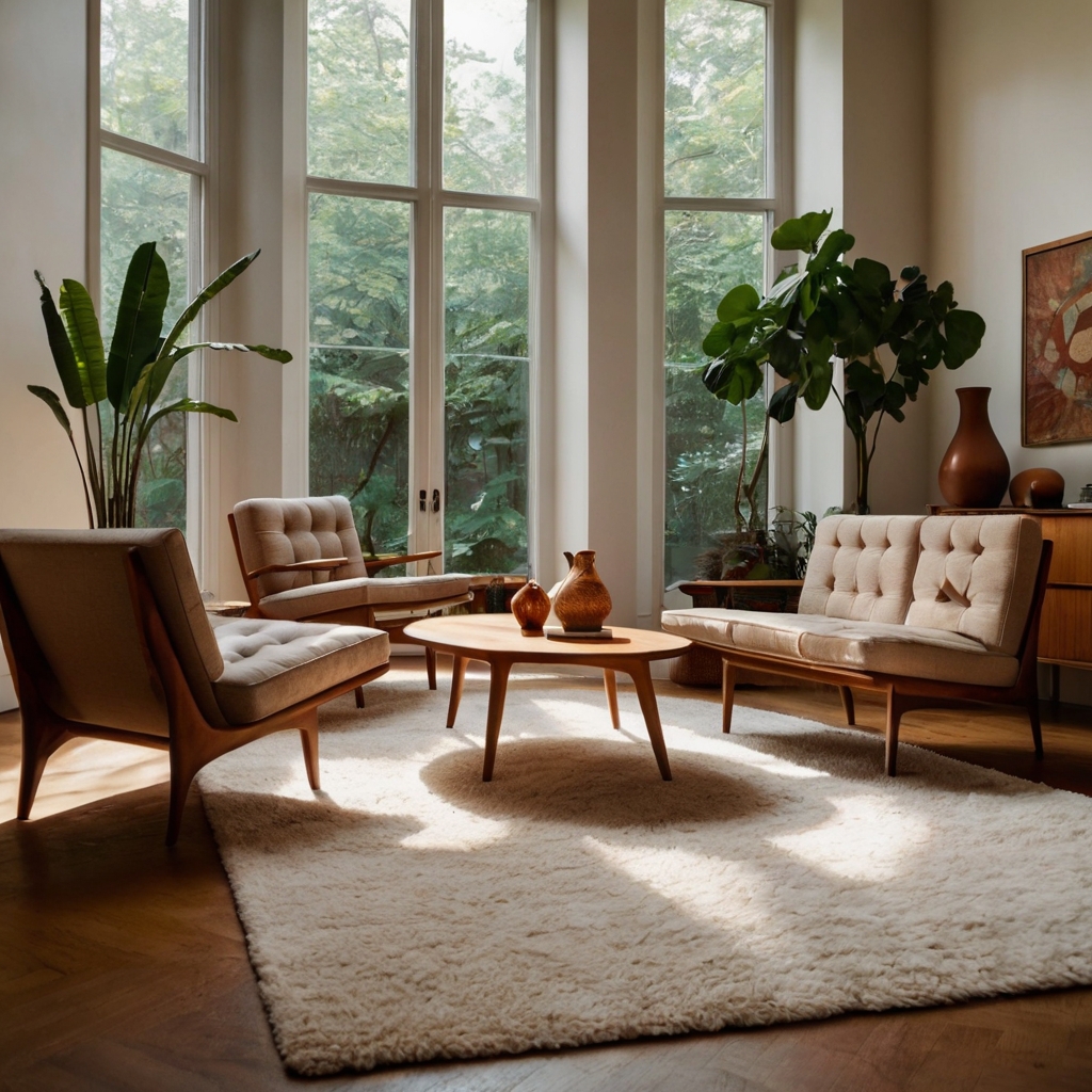 Mid-century modern room with rounded furniture and organic shapes, creating a warm atmosphere.