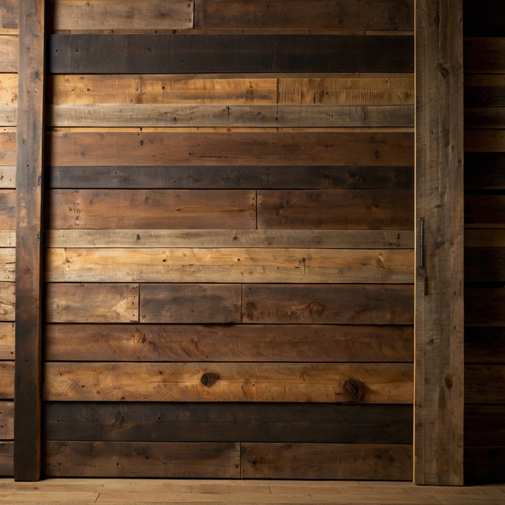 Barn door made from pallet wood with unique textures and shades. Soft lighting highlights the natural, eco-friendly character.