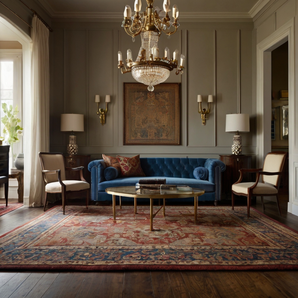 An intricate, traditional rug anchors the vintage room design, with deep colors adding warmth. Soft light highlights the textures, enhancing the space.