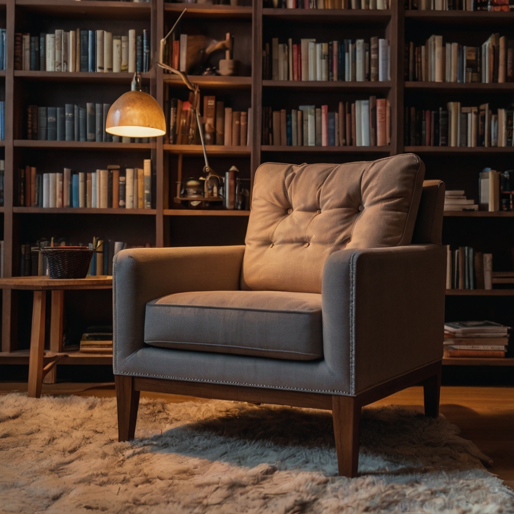 A classic armchair with inviting cushions, bathed in warm ambient light that creates the perfect setting for reading. A bookshelf filled with books adds to the ambiance.