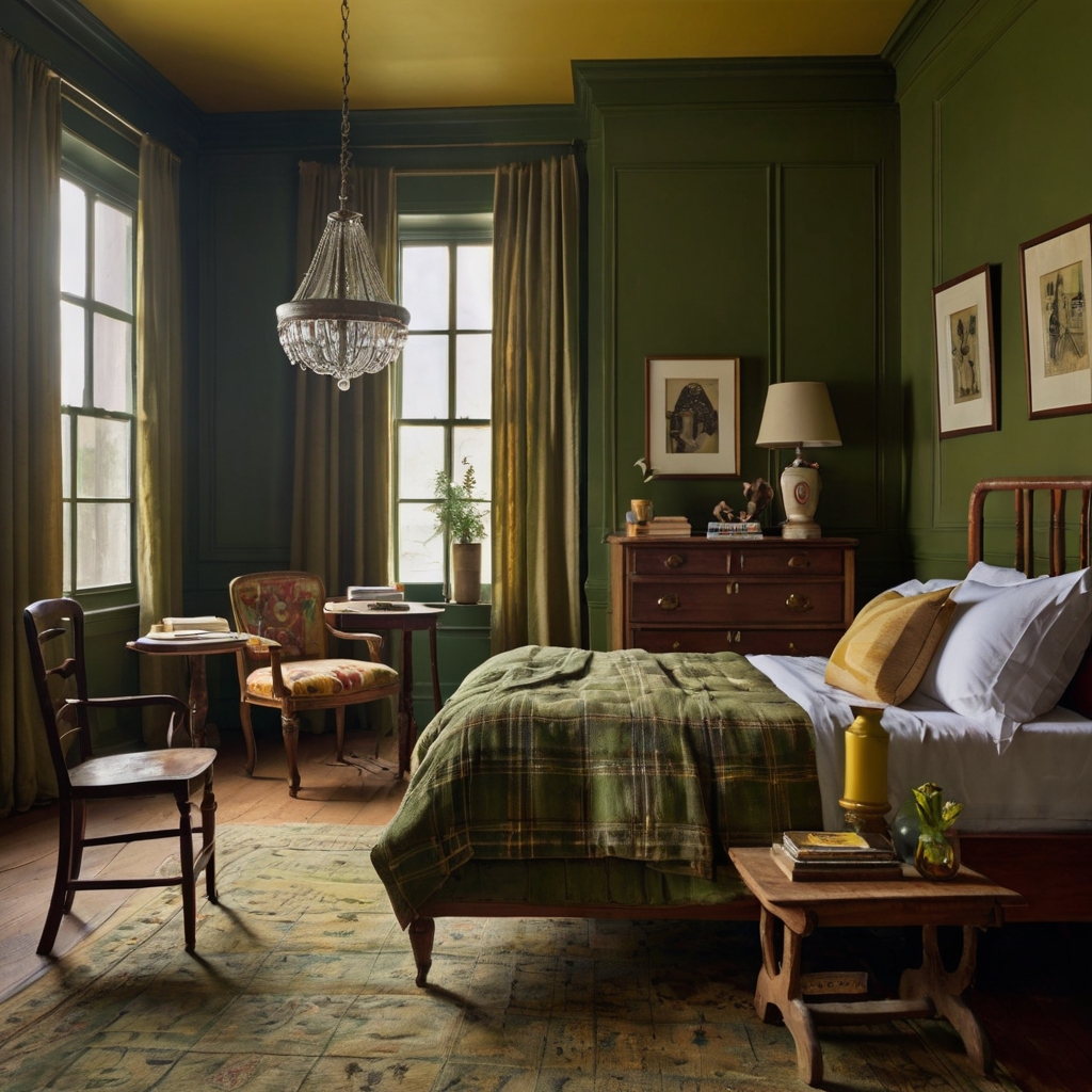 Walls painted in olive green and mustard yellow create a vintage ambiance. Soft light from the window accentuates the rich, period-authentic colors.