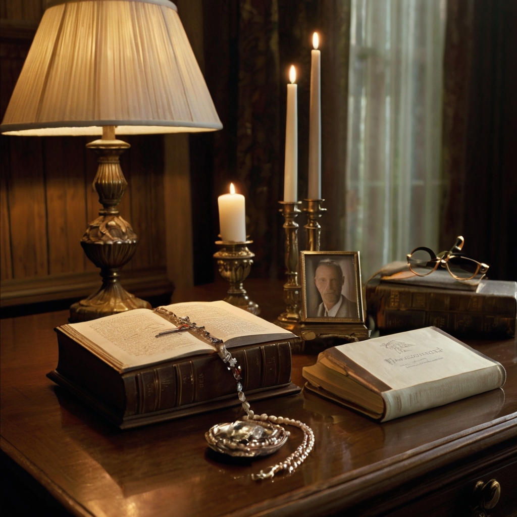 Jewelry and books placed on a memory table are gently illuminated by nearby lamps. The personal touches create an intimate atmosphere.