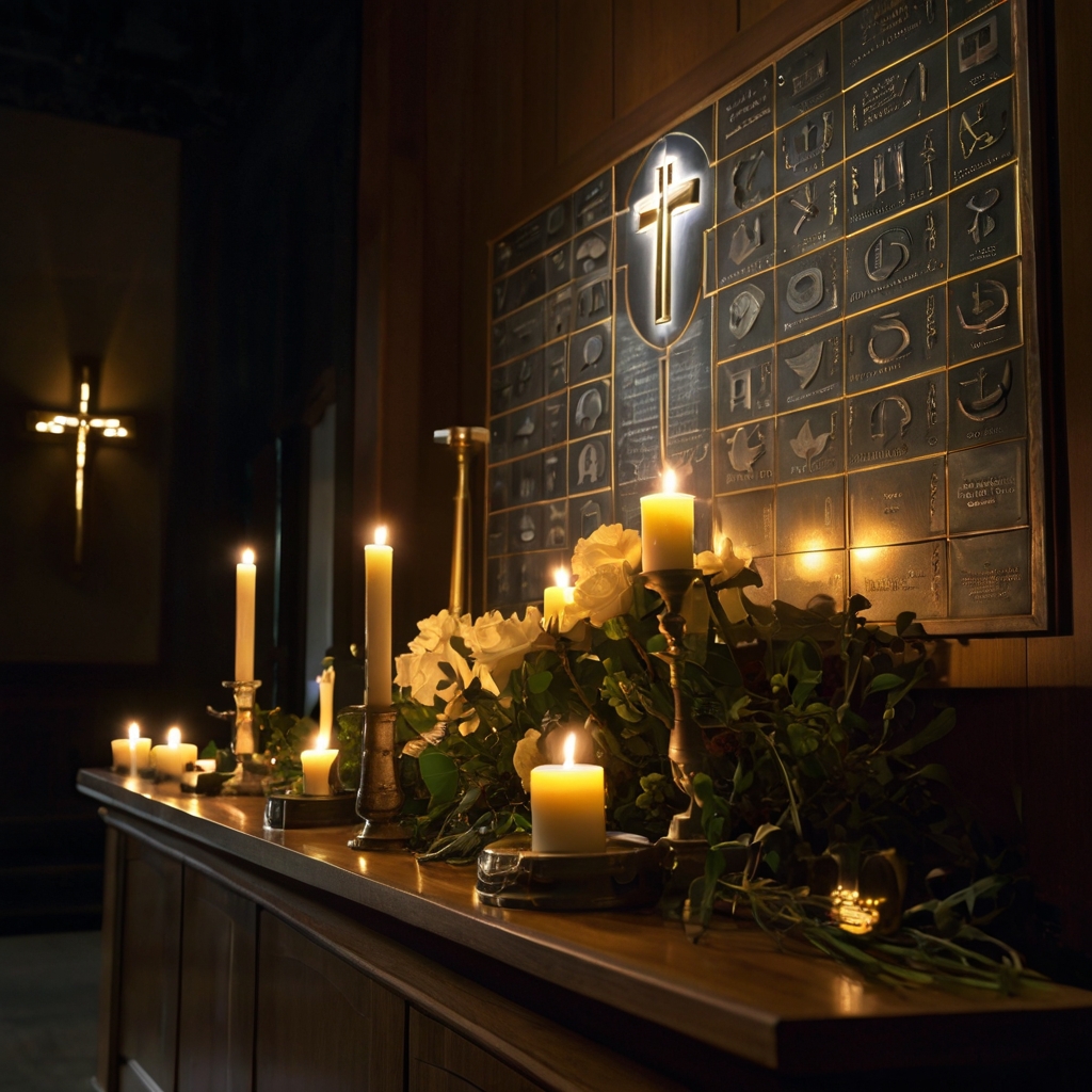 Symbols reflecting the departed’s life are illuminated by focused light. They add a personal, spiritual touch to the decor.