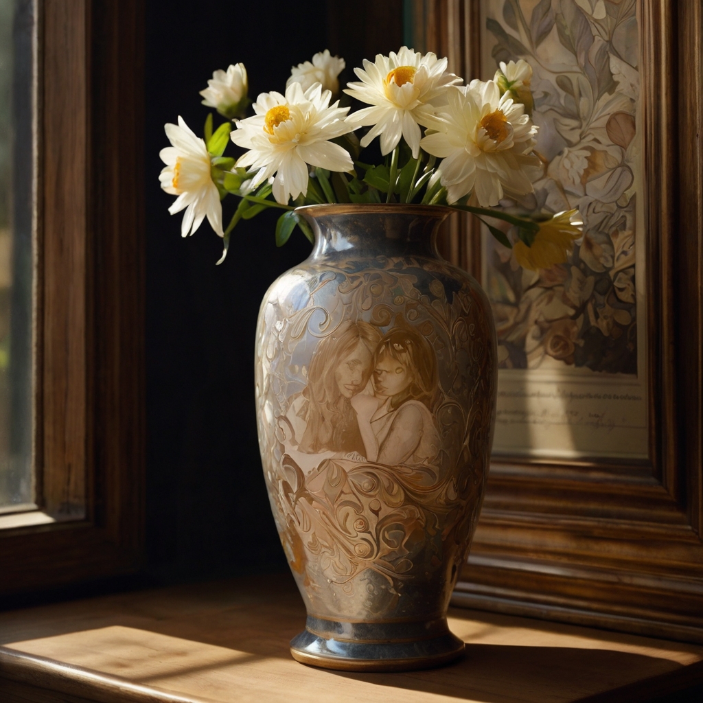 Personalized vase with meaningful symbols and quotes, soft lighting emphasizing intricate details and sentimental charm.