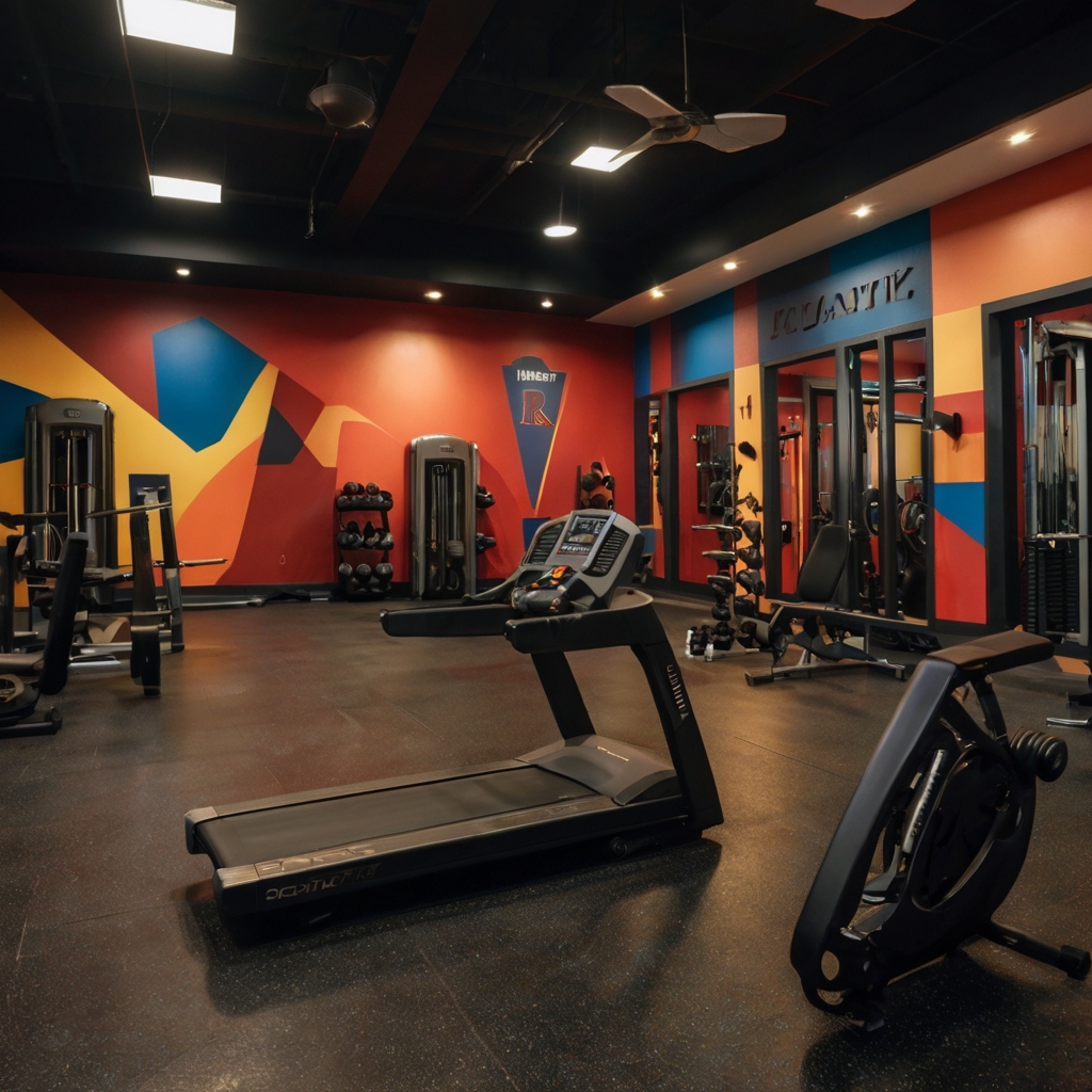 A gym with custom murals and tailored equipment reflecting the user's style. Warm lighting highlights the personal touches throughout the space.