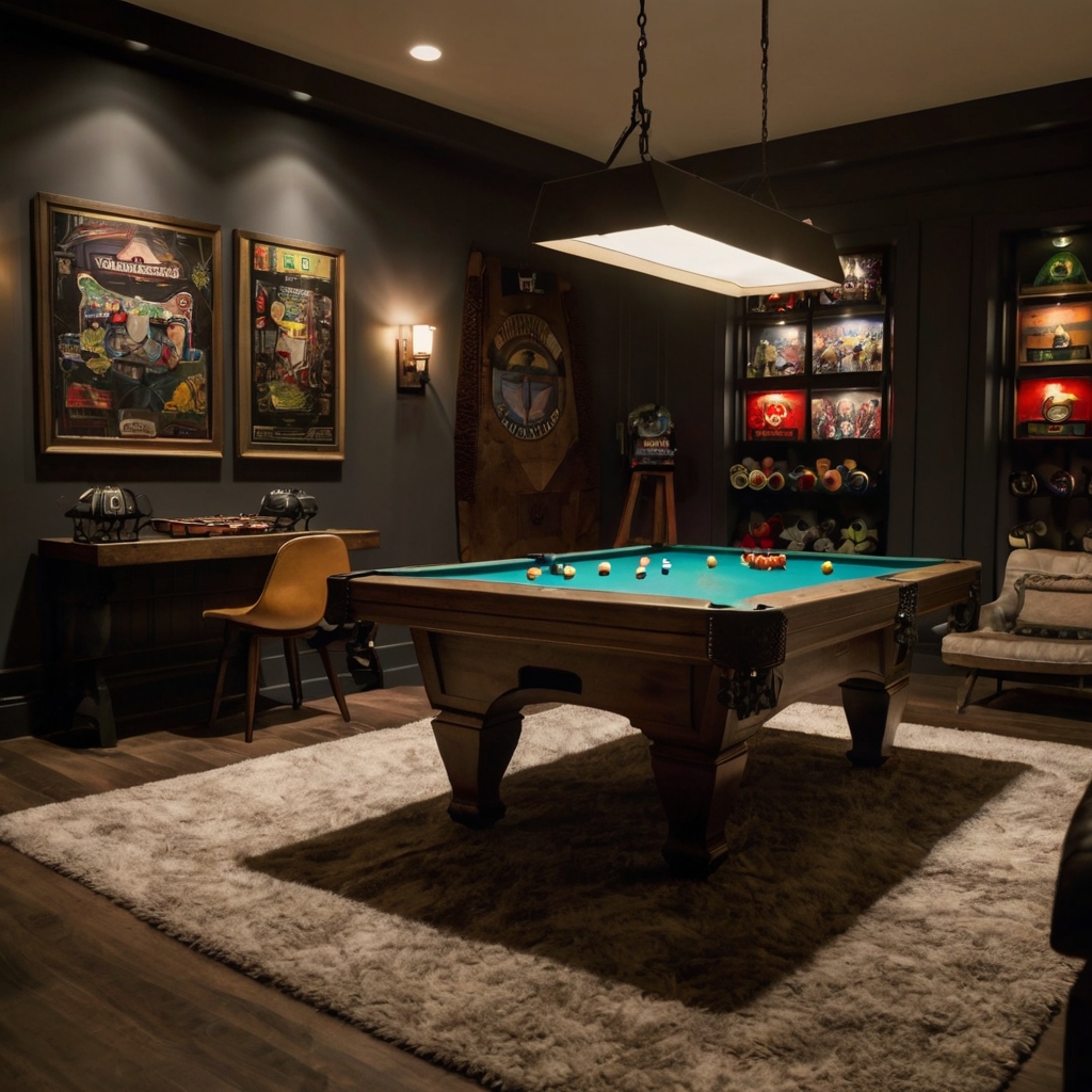 Add a personal touch to your game room with custom art and warm lighting for a unique, cozy vibe.