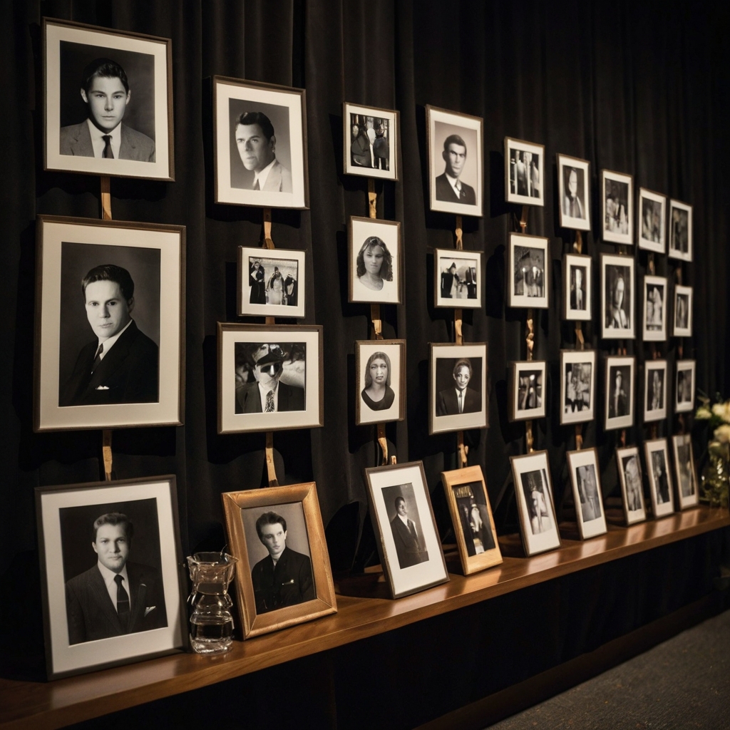 Framed photographs on a memory table, illuminated by soft light, evoke warmth and nostalgia. The pictures celebrate the life of the departed.