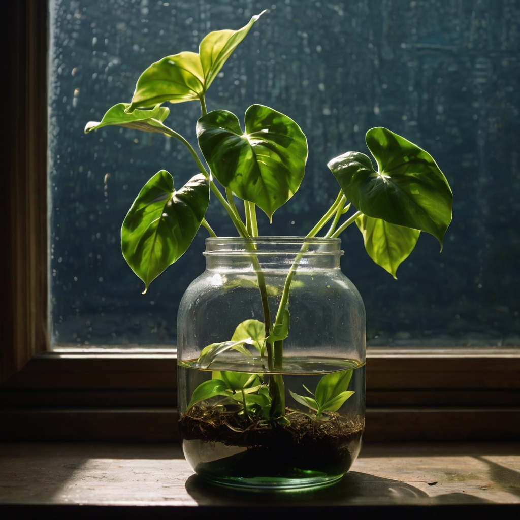 A pothos cutting in a glass jar with roots beginning to form under the water, illuminated by soft, indirect sunlight streaming through a window.