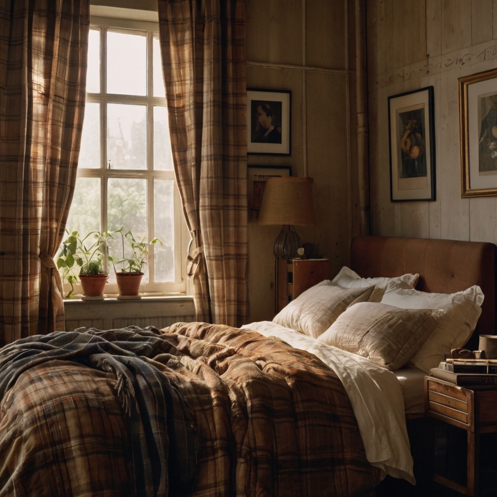 Cozy plaid curtains in earthy tones, gently moving with the breeze. Soft light filters through, adding warmth and texture to the vintage room.