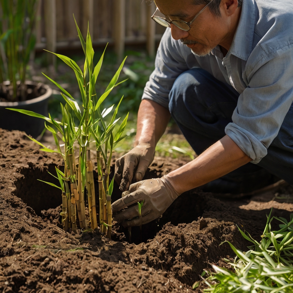 Close-up of a gardener planting bamboo in a well-prepared hole, watering the plant thoroughly. Bright sunlight enhances the planting process.