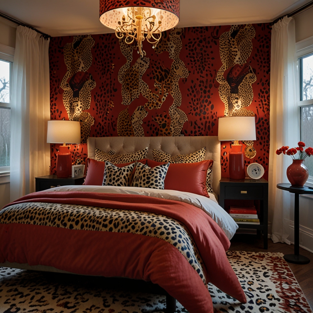 Mix lighter reds and dark cheetah prints for a playful bedroom look. Soft lighting balances the energetic design.