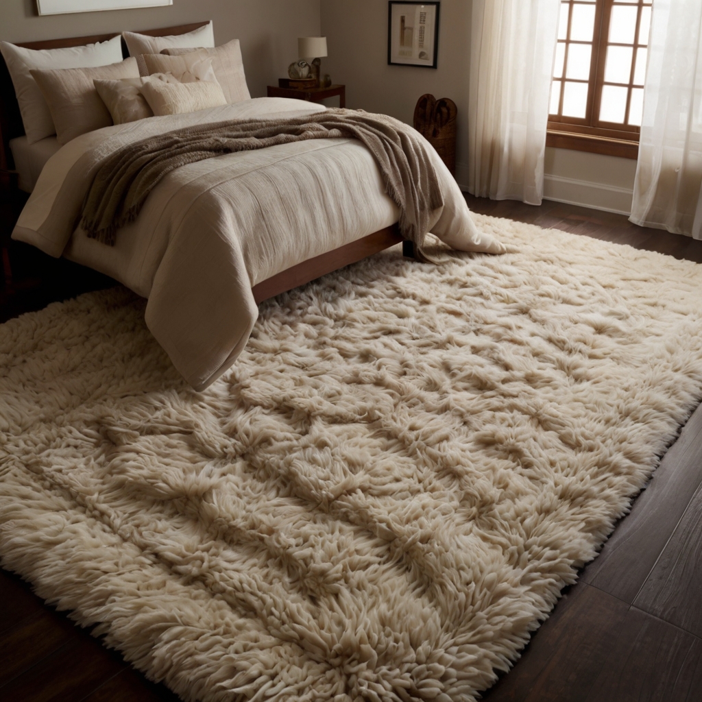 A cozy, thick rug adds warmth and texture to your bedroom. Gentle lighting highlights its plush appeal.