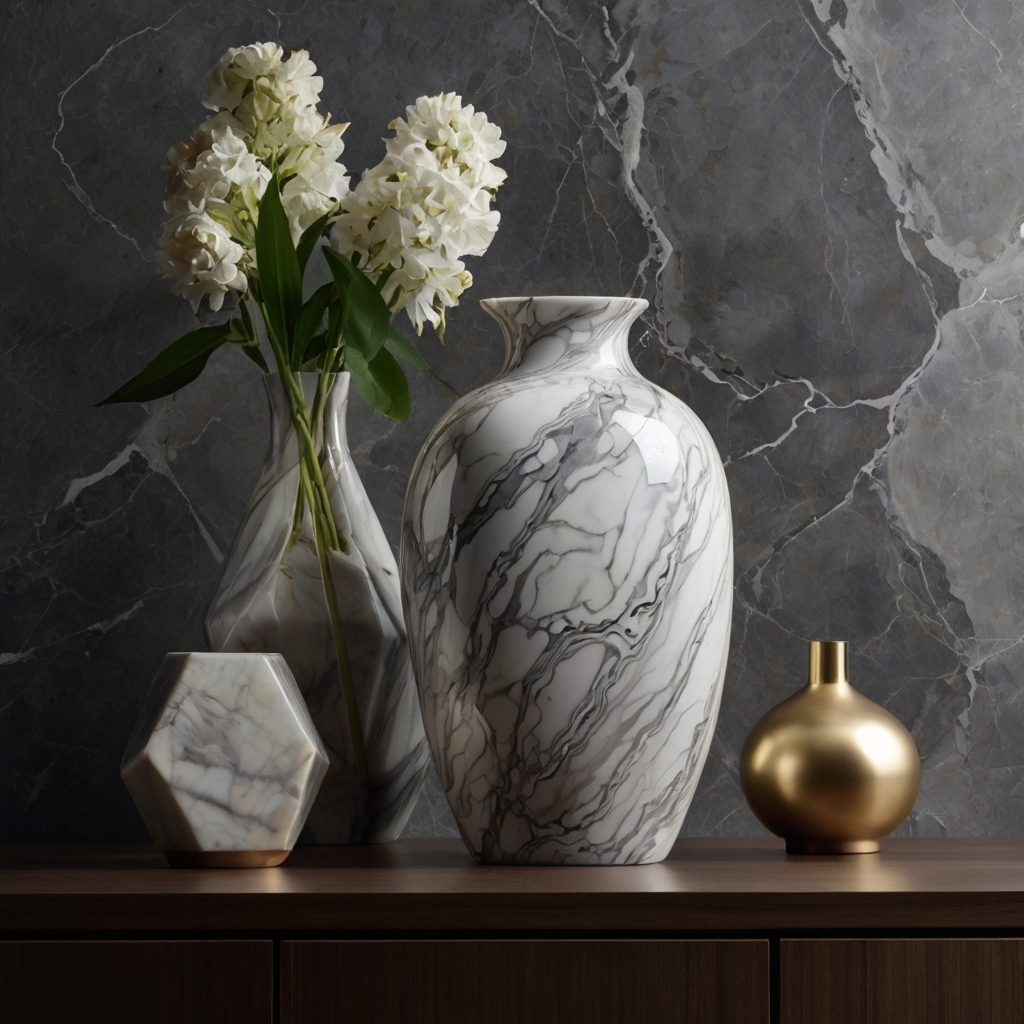 Marble-finished vase with white and gray veining, dramatic lighting emphasizing intricate textures and luxurious design.