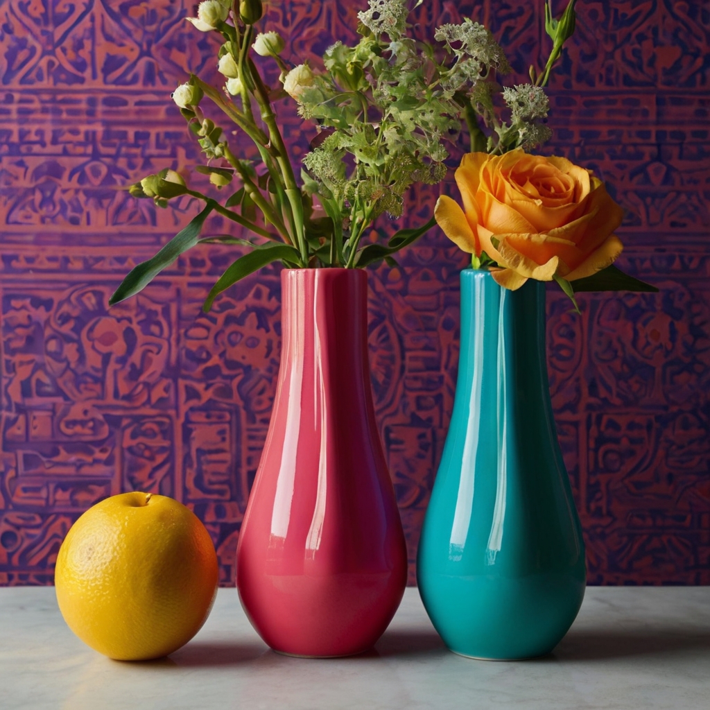 Pop culture-inspired vase with colorful designs, bright lighting highlighting playful imagery and vibrant contrasts.