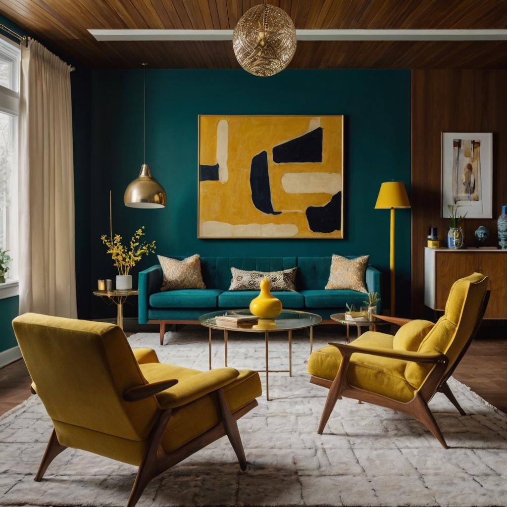 Mid-century modern room with bold mustard yellow or teal accents, enhancing neutral tones.